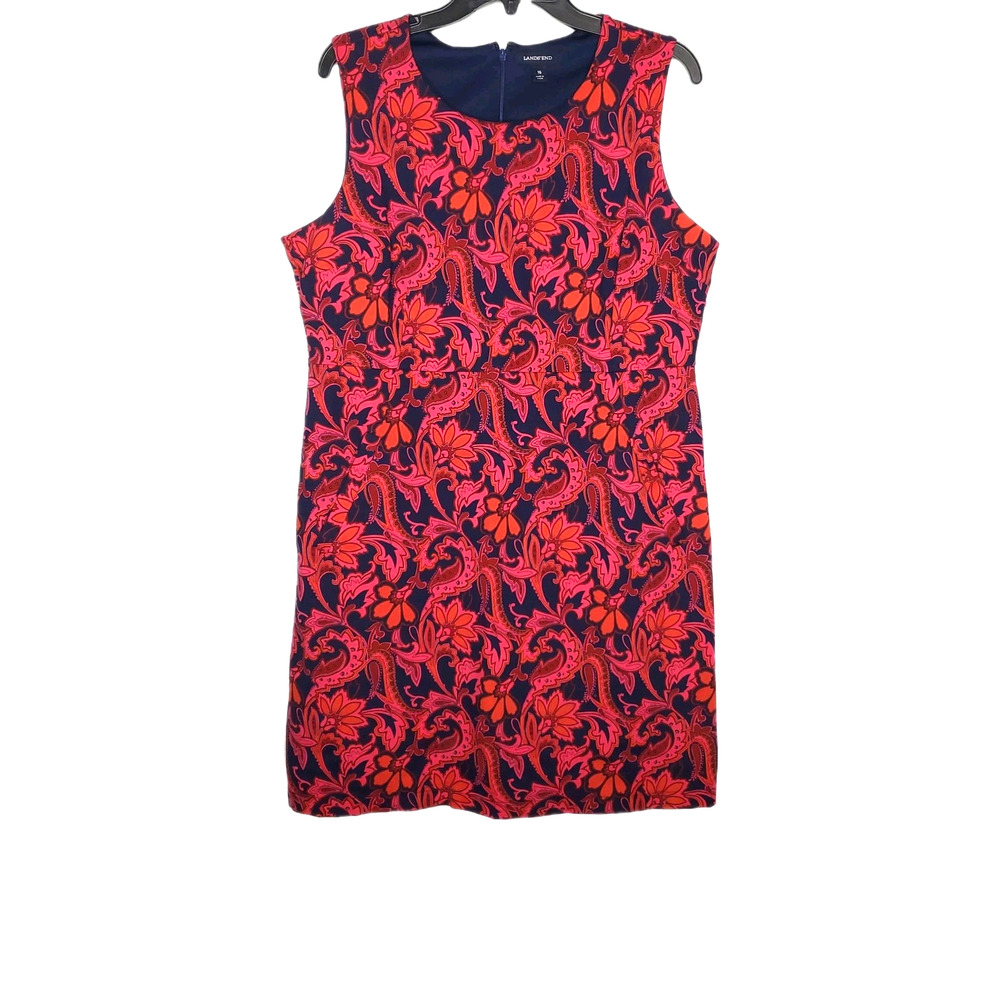 Lands End Dress Womens SZ 16 Pink Blue Floral Print Sheath Ponte Knit Pockets